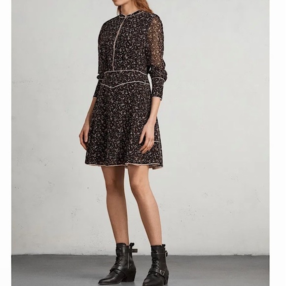 All Saints ‘Kay Pepper’ Black Micro Floral Print Dress - high neck -US8 long sle - Picture 4 of 6